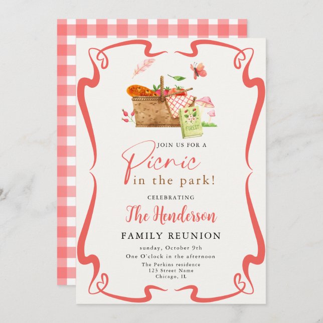 Invitation Pique-nique amusant rouge d'été à la réunion de fa (Devant / Derrière)