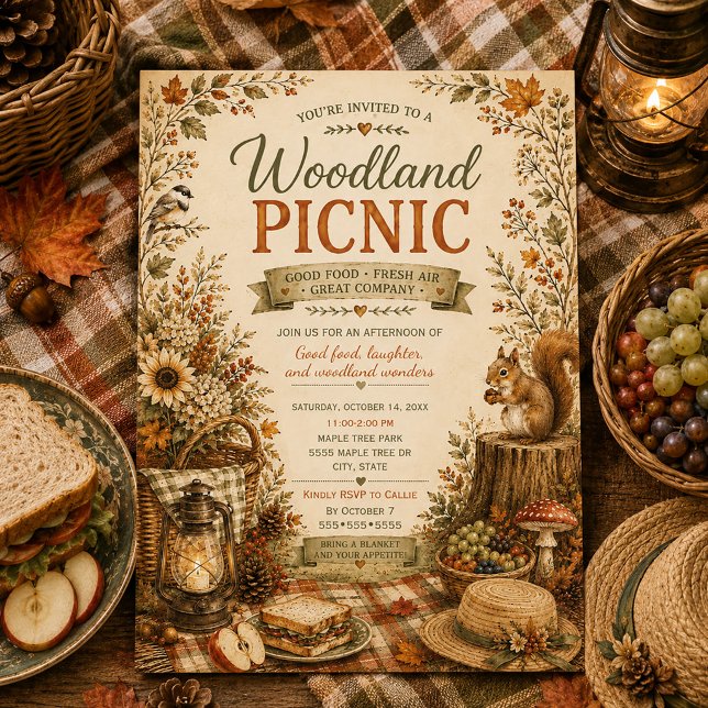 Invitation Pique-nique automnal rustique en forêt  (Woodland picnic invitation)
