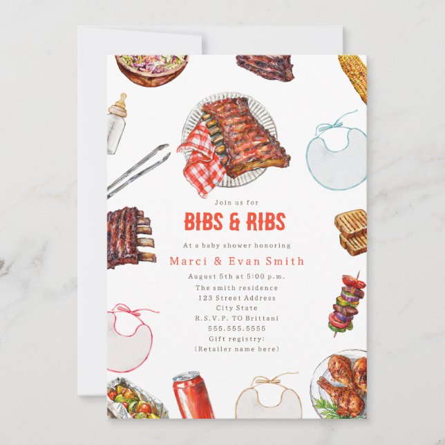 Invitation Pique-nique BBQ Bibs & Ribs Fête bébé neutre  (Devant)