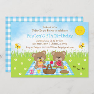 Invitation Pique-nique bleu En vichy anniversaire de Teddy Be