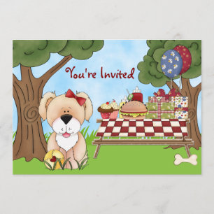 Invitation Pique-nique d'Anniversaire de Chien mignon ~ Fille