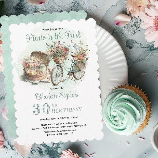Invitation Pique-nique dans le Parc Floral 30e anniversaire f (Mint Green Floral Bicycle and Picnic Basket "Picnic in the Park" 30th Birthday Party Invitation)