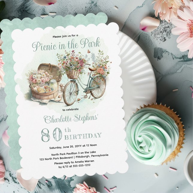 Invitation Pique-nique dans le Parc Floral 80e anniversaire f (Mint Green Floral Bicycle and Picnic Basket "Picnic in the Park" 80th Birthday Party Invitation)