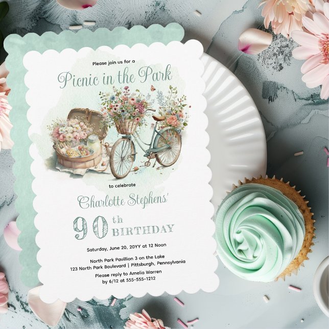 Invitation Pique-nique dans le parc Floral 90e anniversaire f (Mint Green Floral Bicycle and Picnic Basket "Picnic in the Park" 90th Birthday Party Invitation)