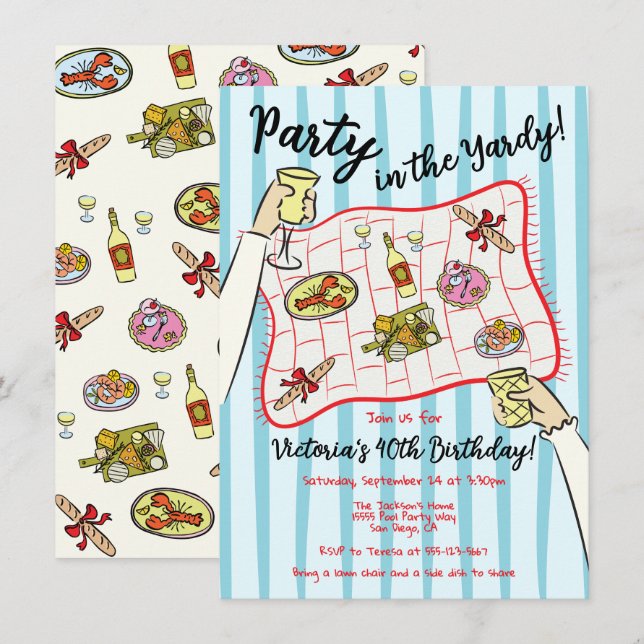 Invitation Pique-nique de doodle dessiné à la main dans le Ya (Devant / Derrière)