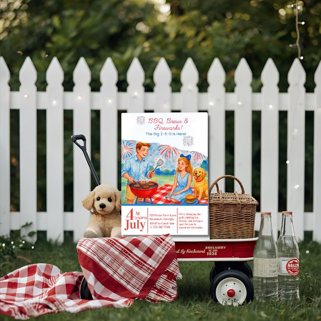 Invitation Pique-nique de feux d'artifice de bières de BBQ ré (Retro BBQ Brews Fireworks Picnic 4th of July 250th Invitation)