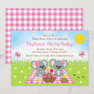 Invitation Pique-nique de l'ours koala Gingham rose Anniversa