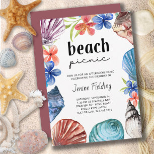 Invitation Pique-nique de plage Fleur tropicale et coquillage