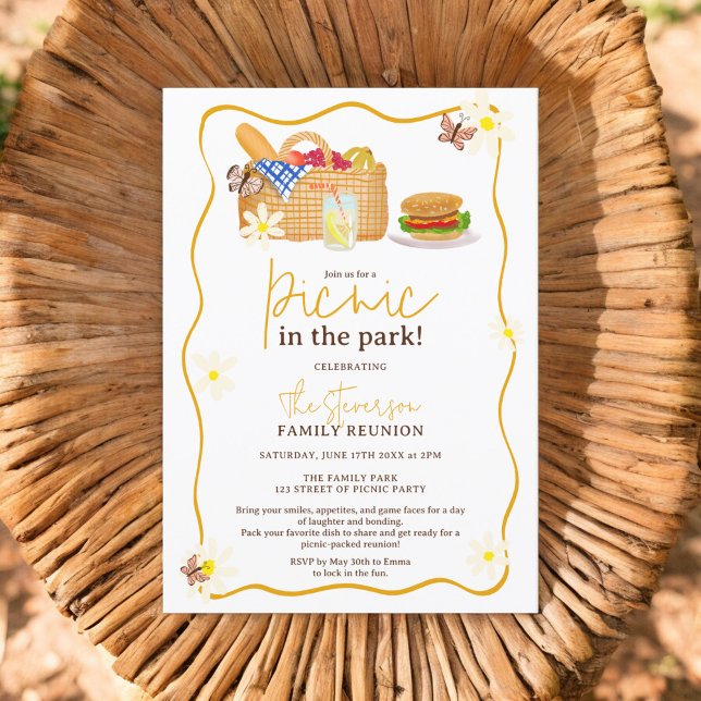 Invitation Pique-nique d'été dans la réunion familiale du par (Summer yellow Picnic in the park family reunion Invitation)