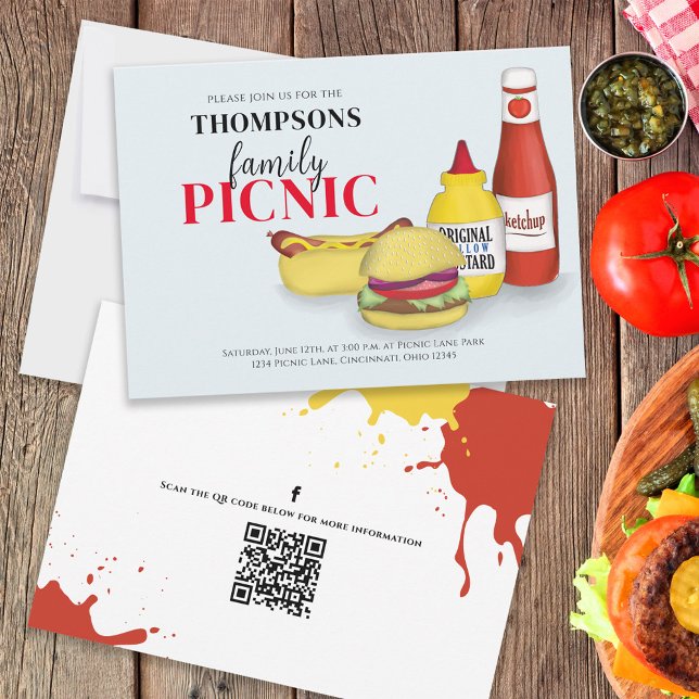 Invitation Pique-nique été mignon BBQ Fun QR Code Social Medi (BBQ invitation with Family picnic wording and hand-drawn hamburgers and hotdogs. )