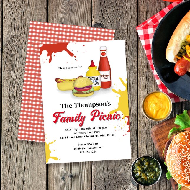 Invitation Pique-nique Famille Été BBQ Personnalisé (Family Picnic Custom Invitations, With Hamburger, Hot Dogs, Ketchup and Mustard artwork.)