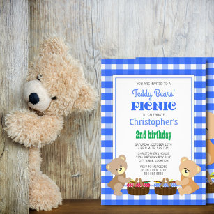 Invitation d'anniversaire d'ours en peluche, invitation bleue de