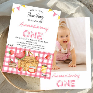 Invitation Pique-nique Pink En vichy Bund Photo 1er anniversa