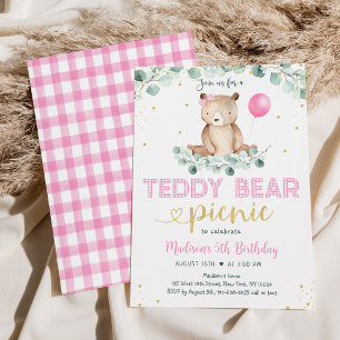 Invitation Pique-nique Pink Girl Teddy Bear Anniversaire