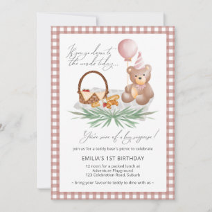 Invitation Pique-nique Pink Teddy Bear Balloon 1er Anniversai