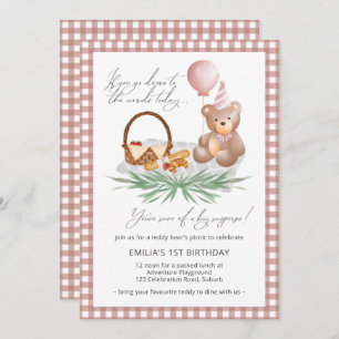Invitation Pique-nique Pink Teddy Bear Balloon 1er Anniversai