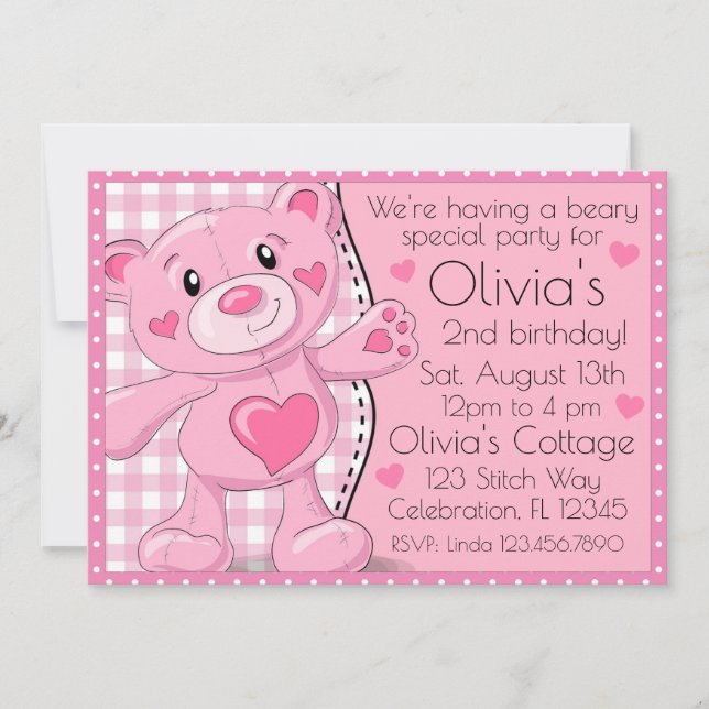 Invitation Pique-nique Pink Teddy Bear Filles Anniversaire (Devant)