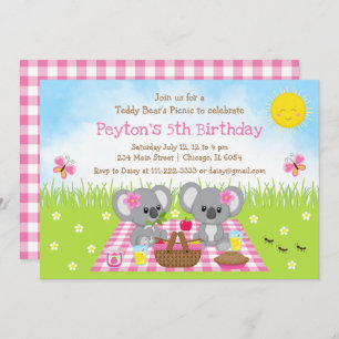 Invitation Pique-nique rose de Koala Bear En vichy anniversai