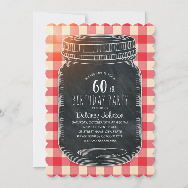 Invitation Pique-nique Rustic Mason Jar 60e anniversaire (Devant)