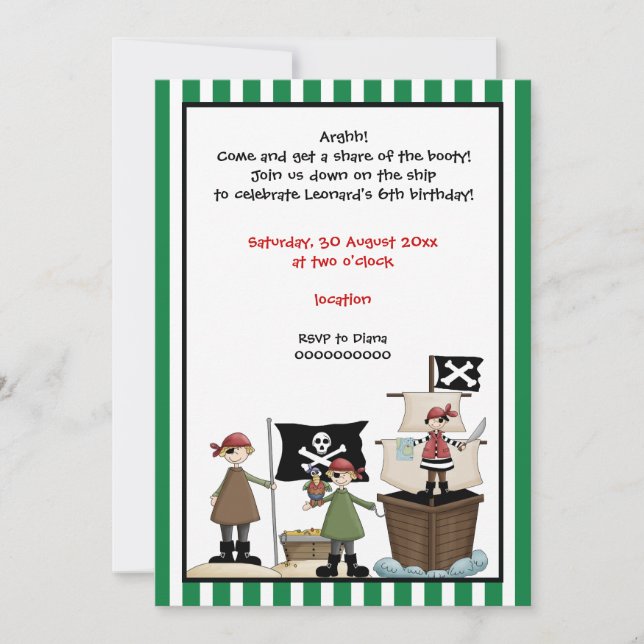 Invitation Pirate anniversaire de enfant de la frontière vert (Devant)