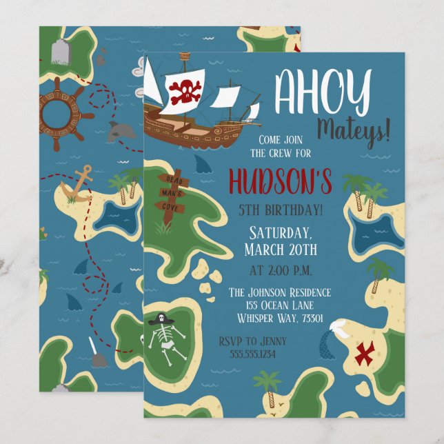 Invitation Pirate Birthday Treasure Map Bleu (Devant / Derrière)