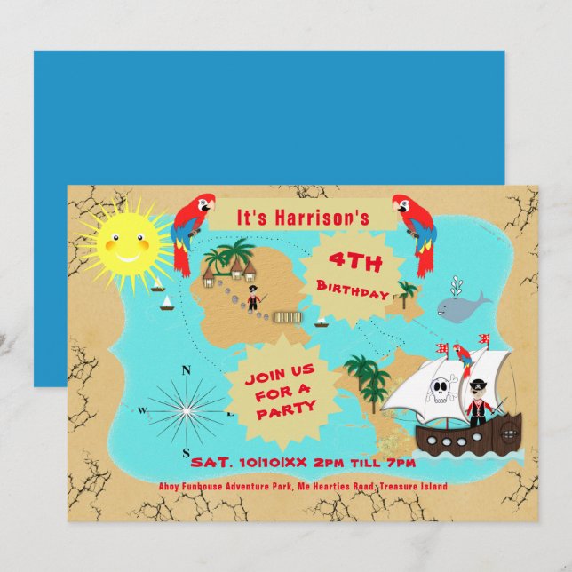Invitation Pirate Birthday Treasure Map Ship Cute  (Devant / Derrière)