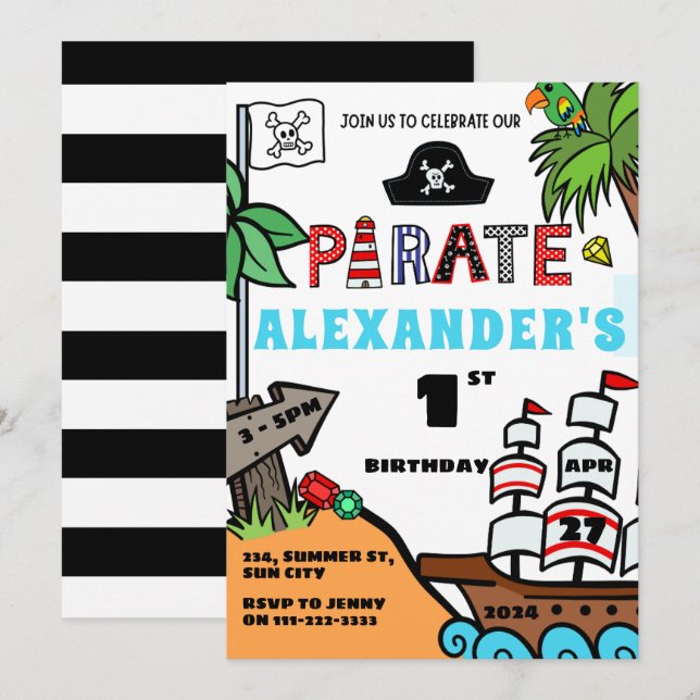 Invitation Pirate Boy 1er 2ème 3ème 4ème 6ème 7ème 8 Annivers (Devant / Derrière)
