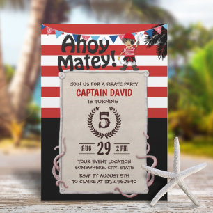 Invitation Pirate Boy Nautical Red Stripes fête d'anniversair