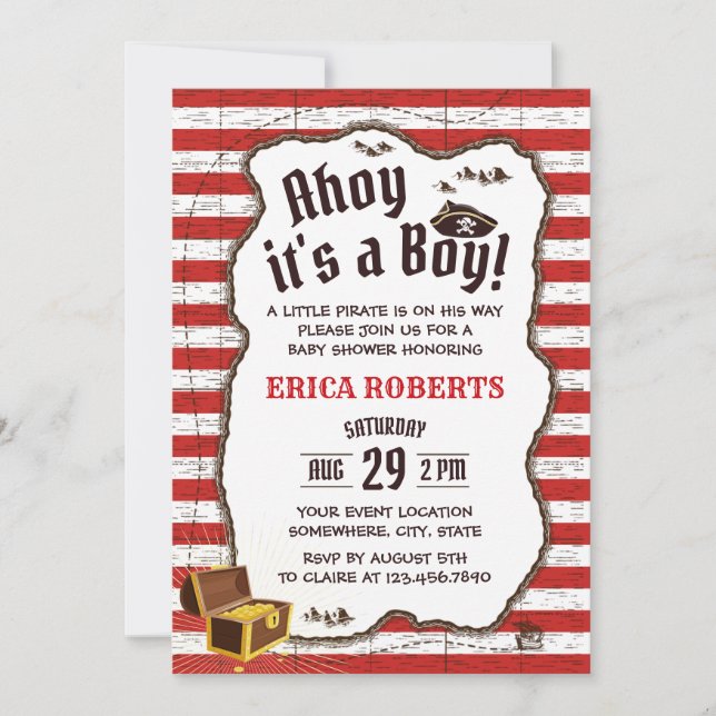 Invitation Pirate Boy Red Stripes Adventure Map Baby shower (Devant)