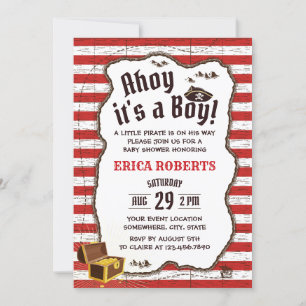 Invitation Pirate Boy Red Stripes Adventure Map Baby shower