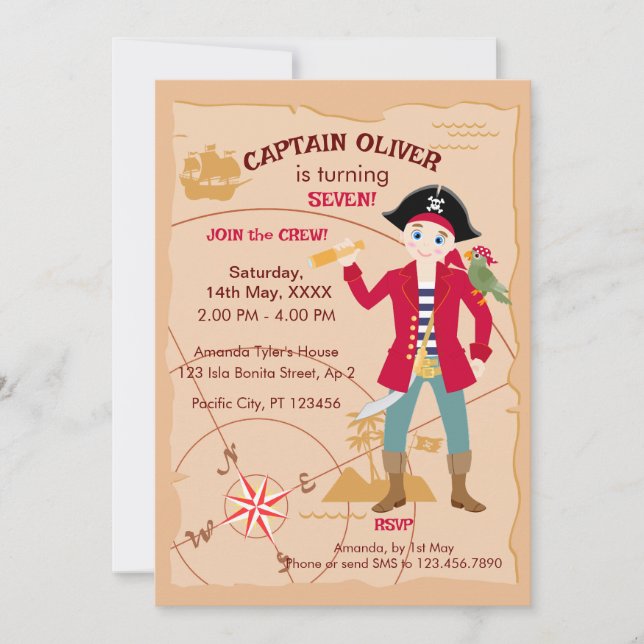 Invitation Pirate Boy Treasure Map Amusants Anniversaire Fête (Devant)
