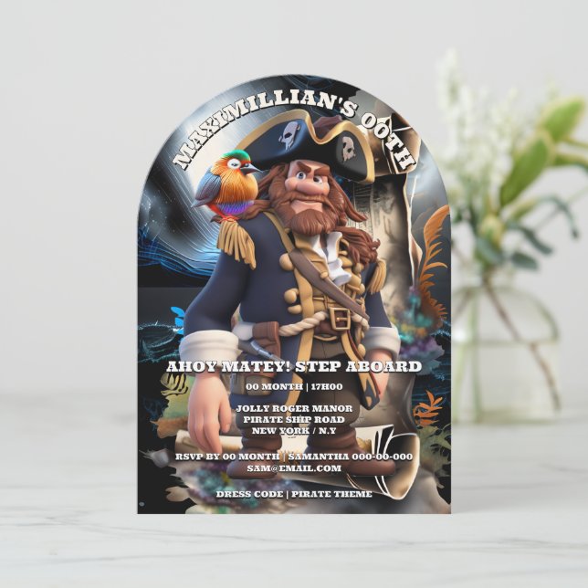 Invitation Pirate captain scroll island boys theme birthday  (Debout devant)