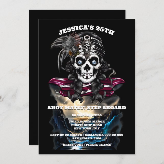 Invitation Pirate crâne femme grotte trésor soirée (Devant / Derrière)