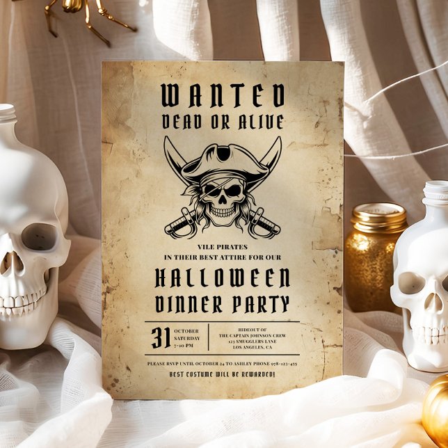 Invitation Pirate Crâne Soirée Halloween Dîner  (Pirate Skull Halloween Dinner Party Invitation)