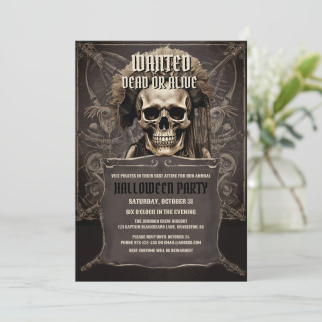 Invitation Pirate Crâne visage Black Halloween Party (Debout devant)