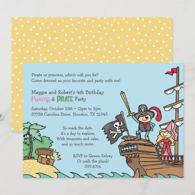 Invitation Pirate et Princess Party Treasures Twins Royal Fun (Devant / Derrière)