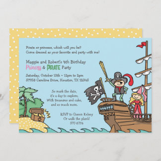Invitation Pirate et Princess Party Treasures Twins Royal Fun