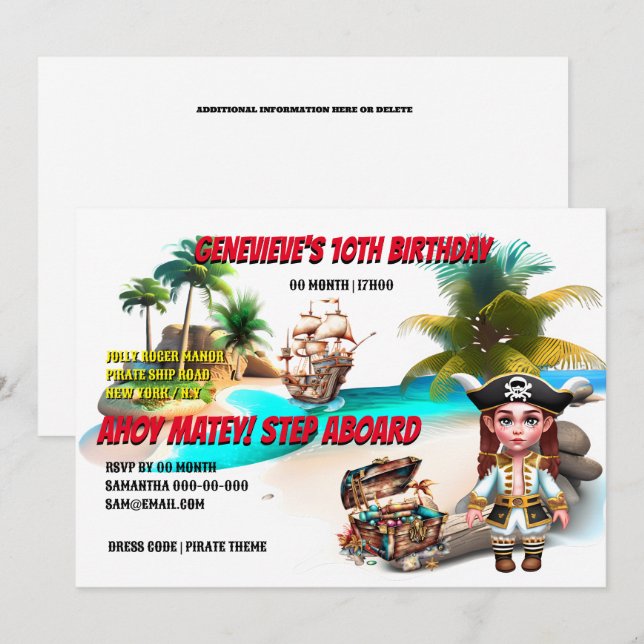 Invitation Pirate fille trésor poitrine tropical île navire (Devant / Derrière)