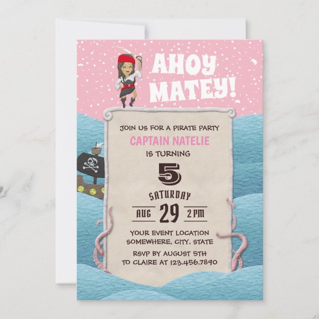 Invitation Pirate Girl Octopus Ahoy Matey fête d'anniversaire (Devant)