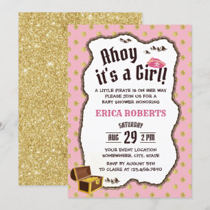 Invitation Pirate Girl Rose & Gold Adventure Map Baby shower