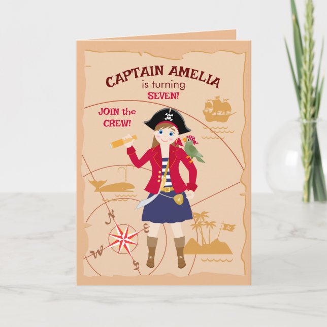 Invitation Pirate Girl Treasure Map Amusant Anniversaire Fête (Devant)