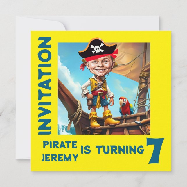 Invitation Pirate Jaune Personnalisé 7e Caricature Bois Anniv (Devant)