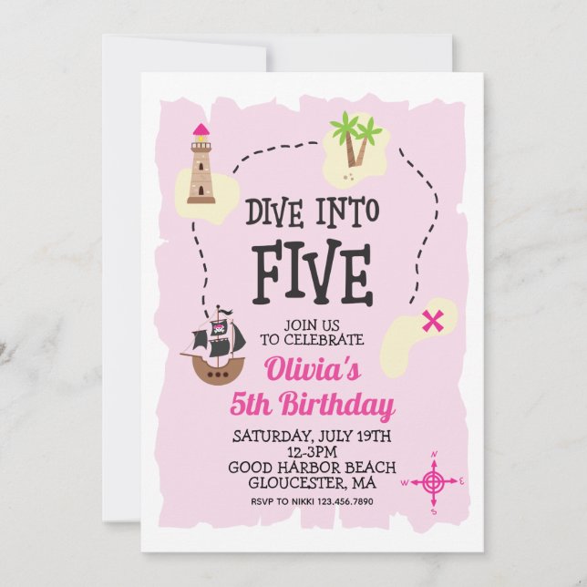 Invitation pirate pour 5ème anniversaire rose (Devant)