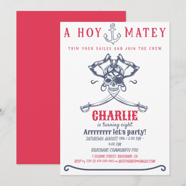 Invitation Pirate rose thème fête d'anniversaire (Devant / Derrière)