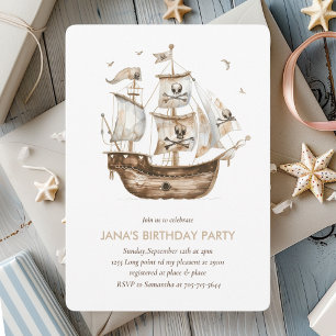 Invitation Pirate Ship Brown thème nautique Anniversaire
