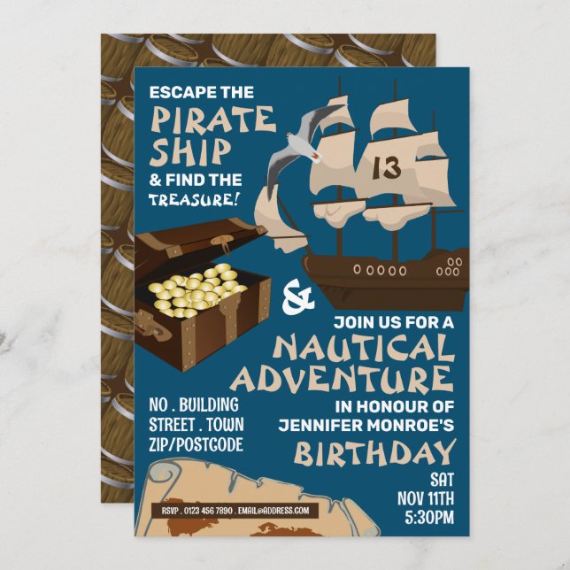 Invitation Pirate Ship Thème, Escape Room, Anniversaire (Devant / Derrière)