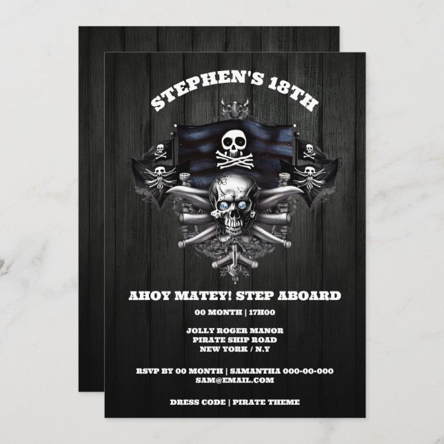 Invitation Pirate thème jolly roger ahoy matey crâne masthead (Devant / Derrière)