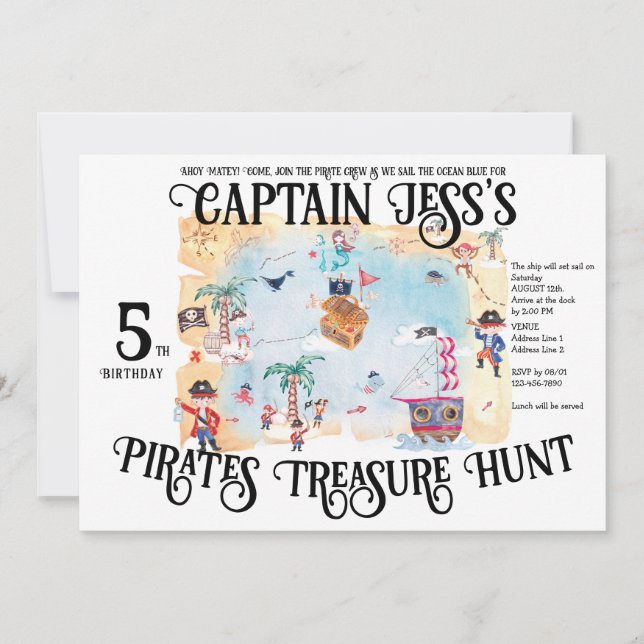 Invitation Pirates Treast Hunt Map Enfants Garçon Anniversair (Devant)