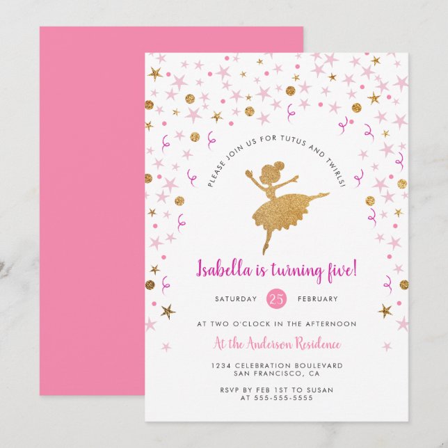 Invitation Pirouette pour fille rose et or Ballerina Annivers (Devant / Derrière)