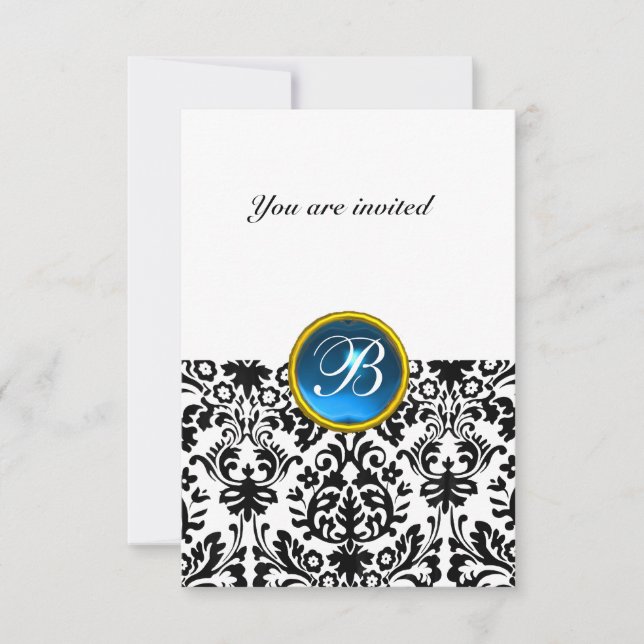 Invitation PIRRE DE DAMAS MONOGRAMME saphir bleu blanc rsvp (Devant)